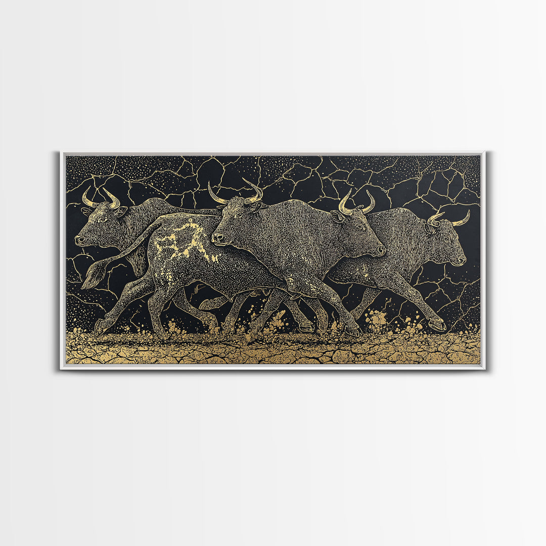 Black Gold Running Cattle Wall Art, African Animal Art, Tribal Crackle Canvas Print, Luxury Safari Decor, Statement Piece