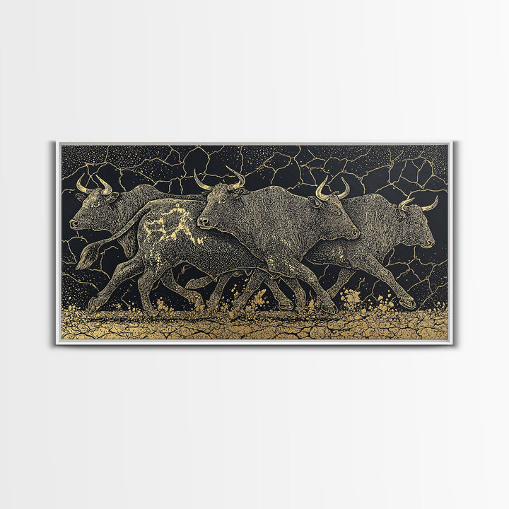 Black Gold Running Cattle Wall Art, African Animal Art, Tribal Crackle Canvas Print, Luxury Safari Decor, Statement Piece