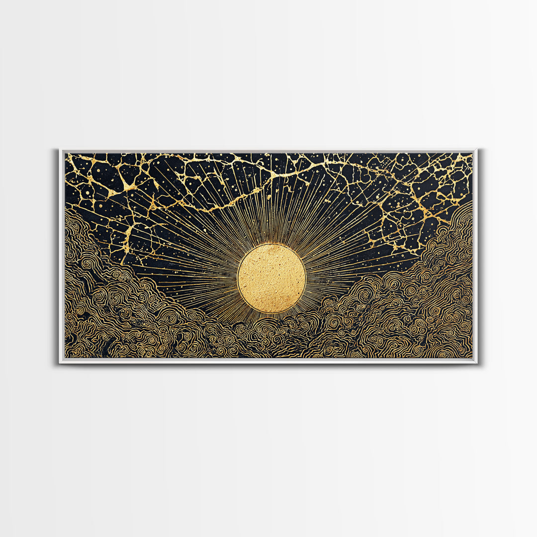 Golden Sunburst Over Black Waves Wall Art, African Inspired Abstract, Black And Gold Decor, Luxury Canvas For Living Room