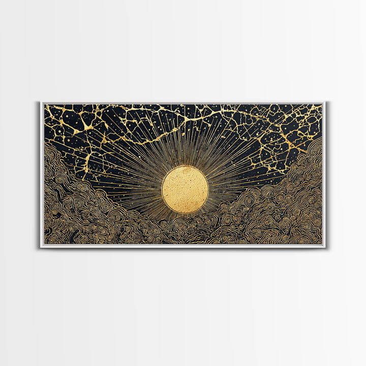 Golden Sunburst Over Black Waves Wall Art, African Inspired Abstract, Black And Gold Decor, Luxury Canvas For Living Room