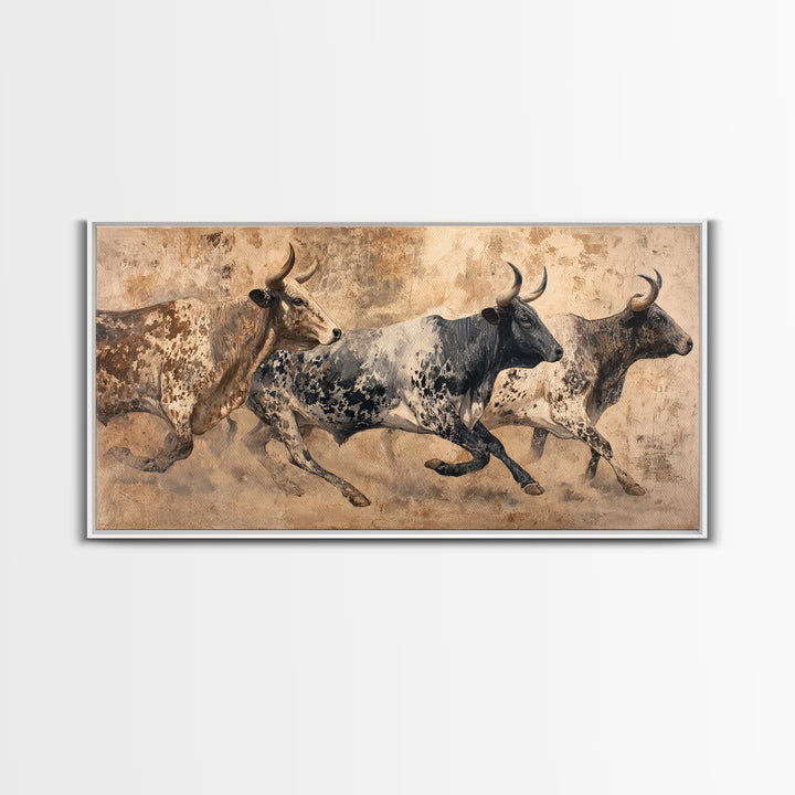 Running African Cattle Canvas Print, Rustic Safari Animal Painting, Earth Tone Wall Decor, Modern Farmhouse Home Decor, Housewarming Gift