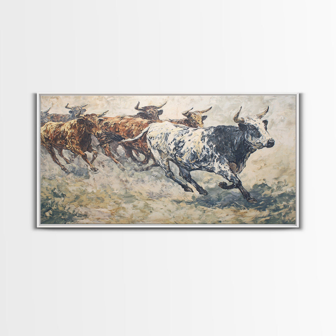 Textured Longhorn Cattle Framed Canvas Print, African Safari Wall Art, Rustic Animal Painting, Neutral Living Room Decor