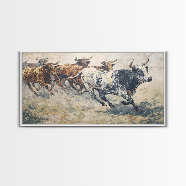 Textured Longhorn Cattle Framed Canvas Print, African Safari Wall Art, Rustic Animal Painting, Neutral Living Room Decor
