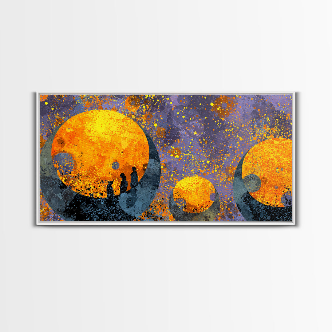 Orange Moon Figures Wall Art, African Inspired Abstract Landscape, Black Silhouette Home Decor, Afrofuturism Canvas Print