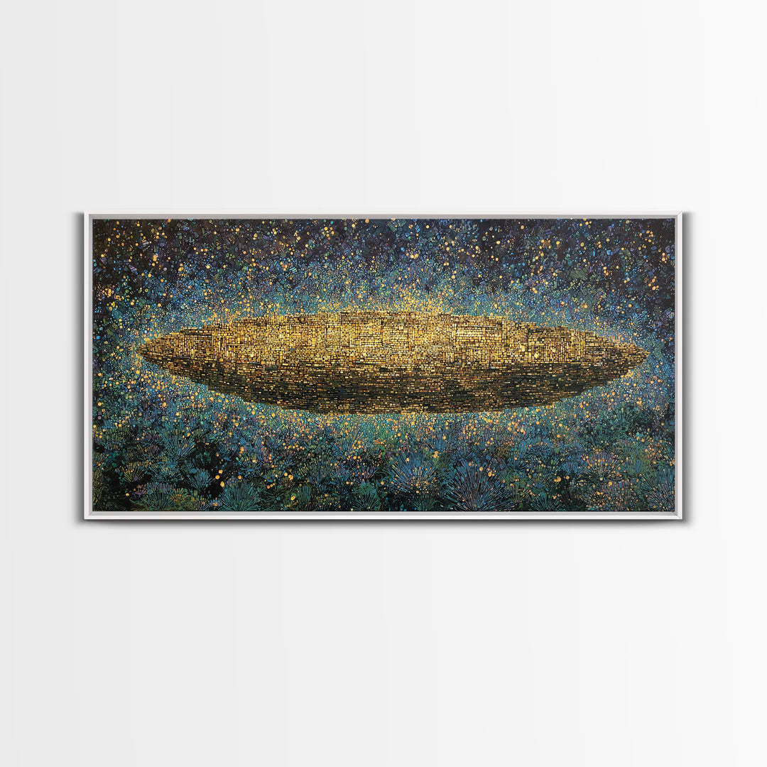 Glowing Golden Oval Over Blue Meadow Canvas Print, Abstract African Art, Textured Art Print, Luxury Canvas Art Decor Gift