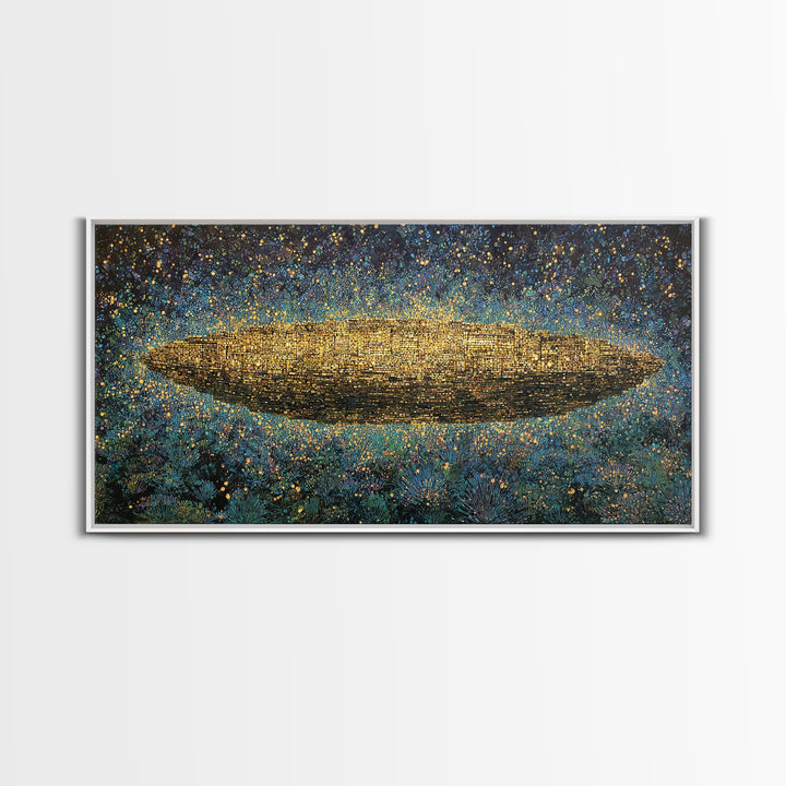 Glowing Golden Oval Over Blue Meadow Canvas Print, Abstract African Art, Textured Art Print, Luxury Canvas Art Decor Gift