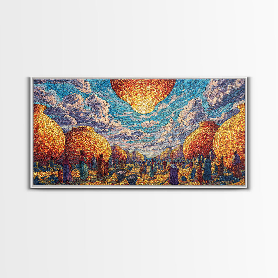 Golden Woven Village And Blue Sky Wall Art, African Landscape, Cultural Art Print, Boho African Home Decor Gift For Living Room