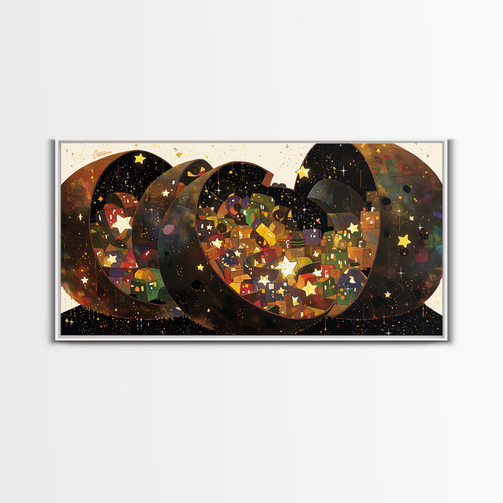 Celestial Crescent Star Village Wall Art, African Inspired Abstract, Black Gold Canvas Print, Whimsical Boho Decor Gift For Her