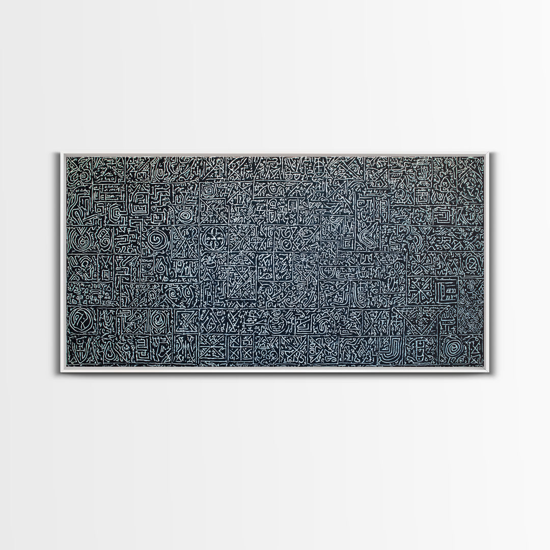 White Tribal Glyph Pattern On Black Wall Art, African Tribal Art, Geometric Wall Art, Ethnic Home Decor Canvas Print Gift
