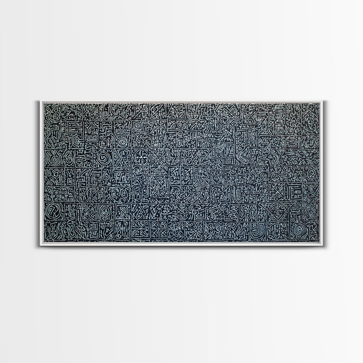 White Tribal Glyph Pattern On Black Wall Art, African Tribal Art, Geometric Wall Art, Ethnic Home Decor Canvas Print Gift