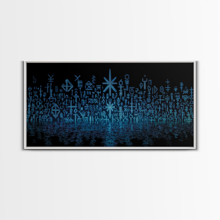 Blue Glowing Ancestral Symbols Over Water Canvas Print, African Abstract Art, Spiritual Wall Art, Mystical Wall Decor Gift