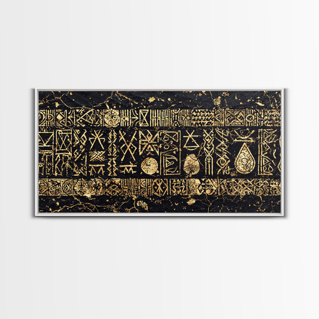 Ancient Gold Tribal Symbols On Black Stone Wall Art, African Tribal Art, Cultural Wall Decor, Textured Canvas Print Gift