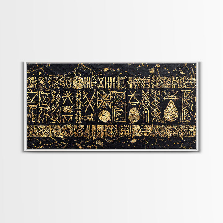 Ancient Gold Tribal Symbols On Black Stone Wall Art, African Tribal Art, Cultural Wall Decor, Textured Canvas Print Gift