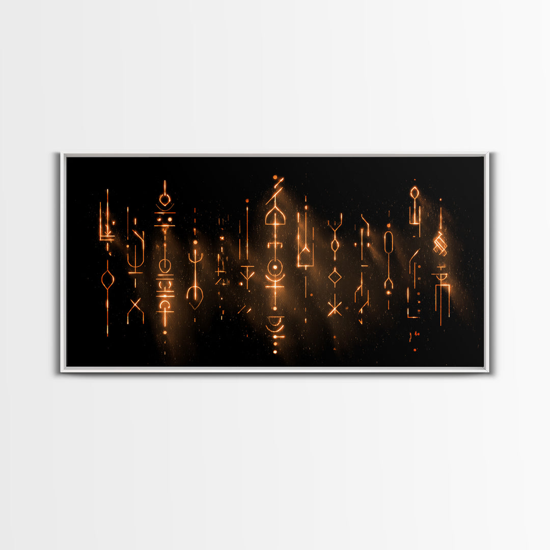 Glowing Ancestral Symbols Wall Art, African Inspired Abstract Canvas, Spiritual Black Gold Decor, Mystic Tribal Art Print