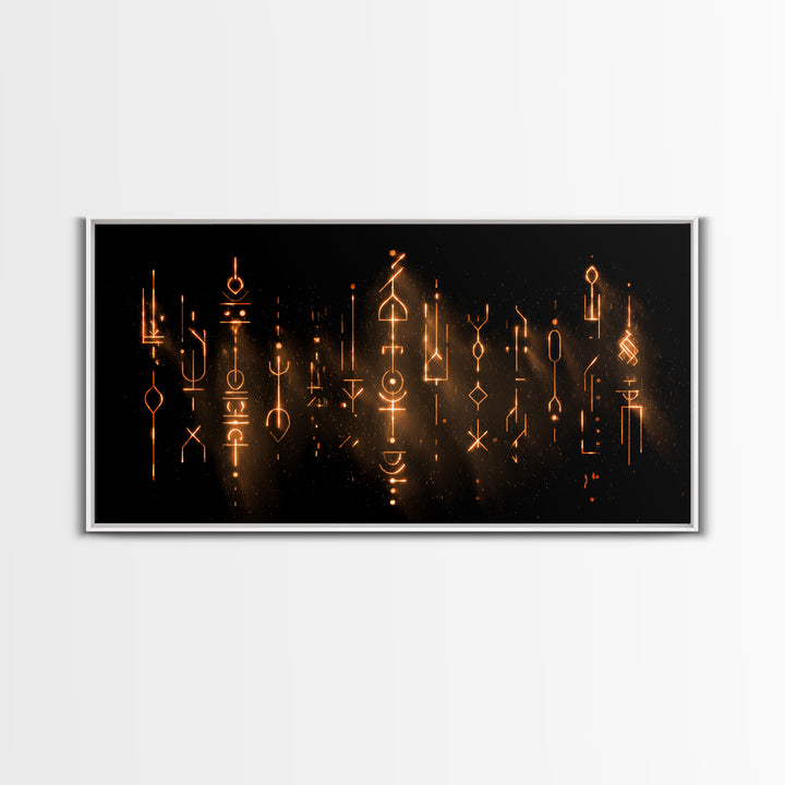 Glowing Ancestral Symbols Wall Art, African Inspired Abstract Canvas, Spiritual Black Gold Decor, Mystic Tribal Art Print