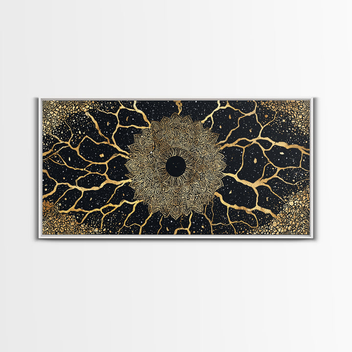 Golden Mandala Cosmos Wall Art, Black And Gold Abstract African Inspired Decor, Spiritual Geometric Canvas Print For Living Room