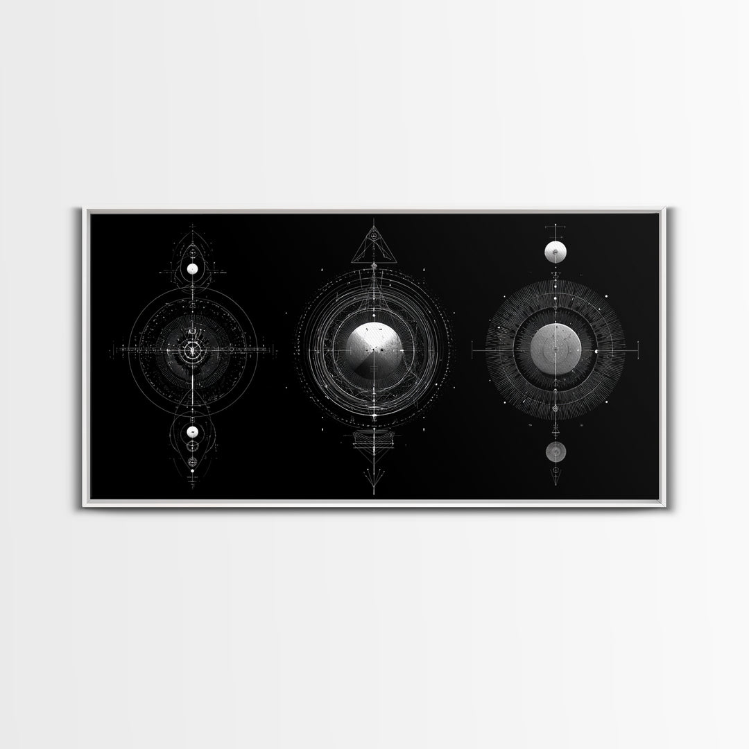 Celestial Geometry Triptych Canvas Print, Black And Silver Abstract Wall Art, Mystical Modern Decor For Meditation Room Gift