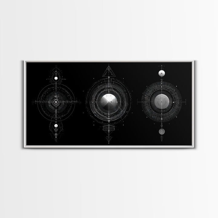Celestial Geometry Triptych Canvas Print, Black And Silver Abstract Wall Art, Mystical Modern Decor For Meditation Room Gift