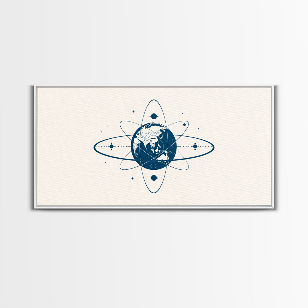 Blue Earth Atom Wall Art, Minimalist Globe Orbit Illustration, Science Inspired Canvas Print, Modern Office Decor For Home