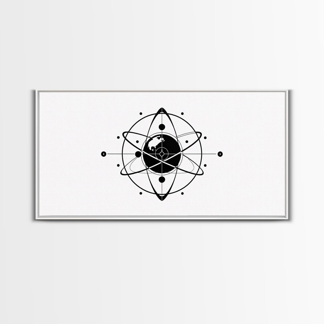 Minimalist Black Earth Atom Canvas Print, Globe Orbit Line Art, Modern Science Wall Art, Clean Office Decor For Home Gift