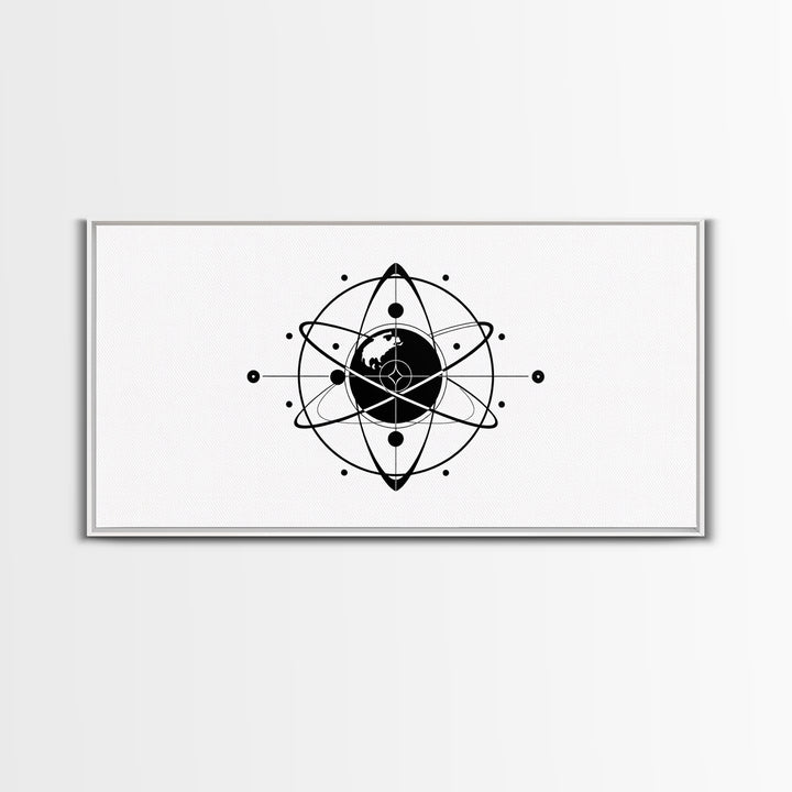Minimalist Black Earth Atom Canvas Print, Globe Orbit Line Art, Modern Science Wall Art, Clean Office Decor For Home Gift