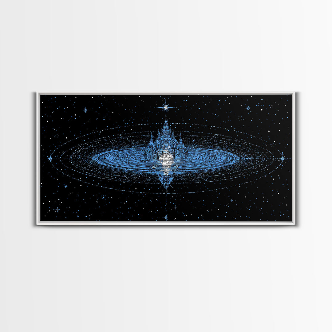 Blue Star City Wall Art, Cosmic Castle On Water, Dreamy Celestial Canvas Print, Mystical Night Sky Decor For Bedroom Gift