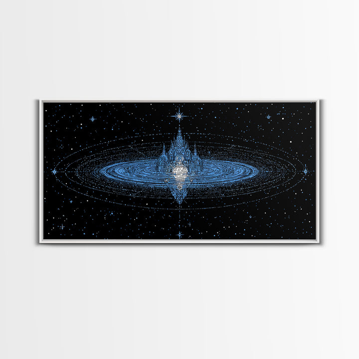 Blue Star City Wall Art, Cosmic Castle On Water, Dreamy Celestial Canvas Print, Mystical Night Sky Decor For Bedroom Gift