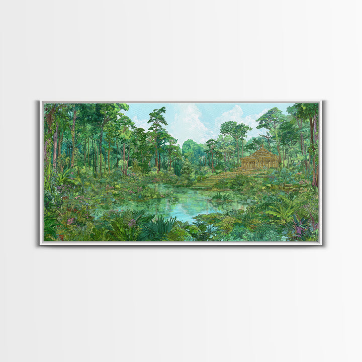 Lush Jungle Temple Wall Art, Tropical Lagoon Landscape, Green Nature Canvas Print, Serene Boho Home Decor Gift For Living Room
