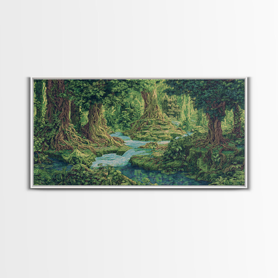 Ancient Jungle Stream Canvas Print, Fantasy Forest Ruins, Green Nature Wall Art, Tropical Landscape Decor For Living Room