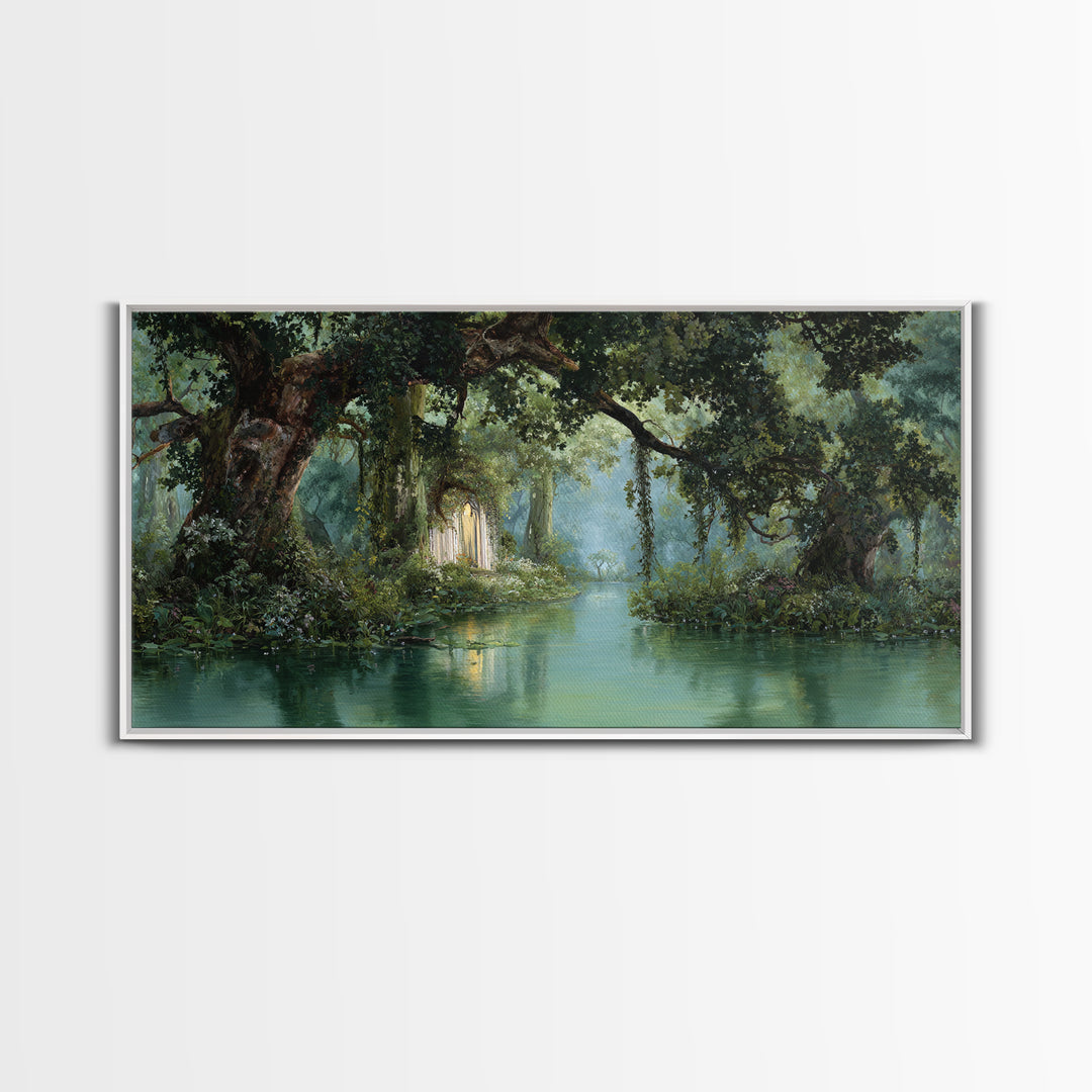 Misty Bayou Forest Wall Art, Dreamy River Landscape, Ancient Trees Canvas Print, Elegant Green Nature Decor For Home Gift