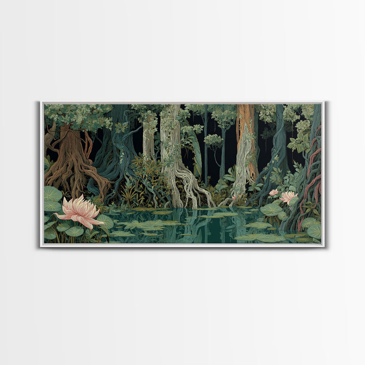 Dark Mangrove Swamp With Lotus Flowers Wall Art, Moody Jungle African Landscape, Boho Nature Canvas, Living Room Decor Gift