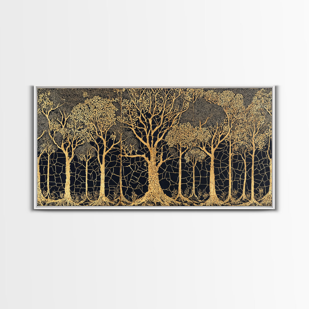 Golden Forest Of Bare Trees Wall Art, Black And Gold African Inspired Nature Print, Elegant Boho Home Decor, Statement Gift