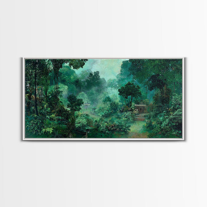 Misty Emerald Jungle Path Wall Art, African Safari Landscape, Tropical Nature Scene, Green Living Room Decor, Serene Gift