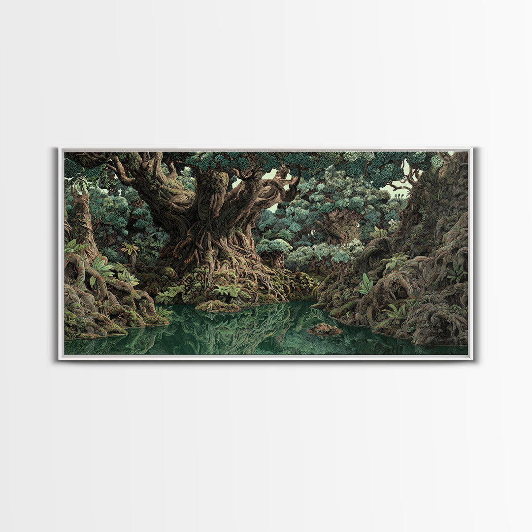 Ancient Banyan Tree Lagoon Canvas Print, Mystical Jungle African Landscape Wall Art, Boho Nature Decor, Statement Home Gift