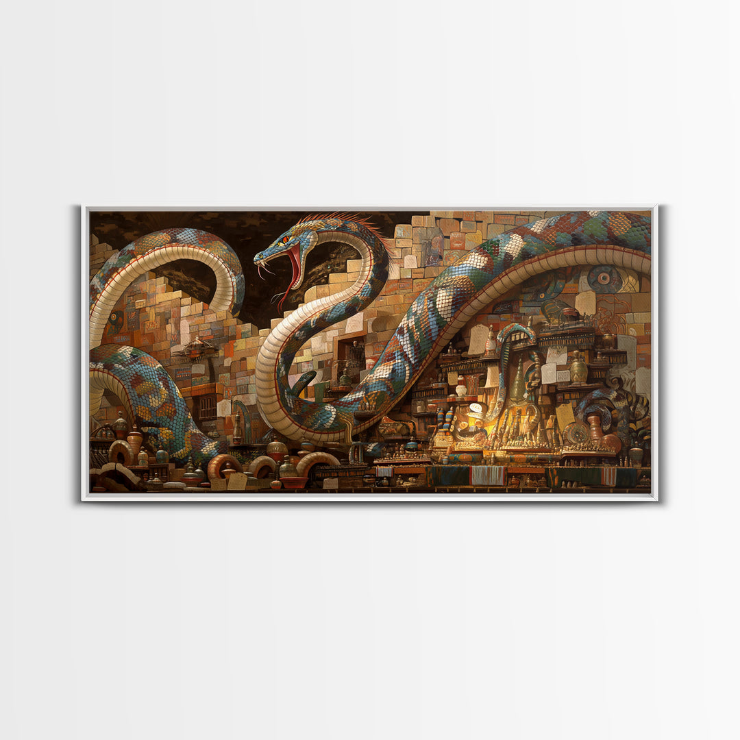Jeweled Giant Serpents In Antique Market Canvas Print, Mystical African Inspired Wall Art, Exotic Boho Decor, Unique Gift