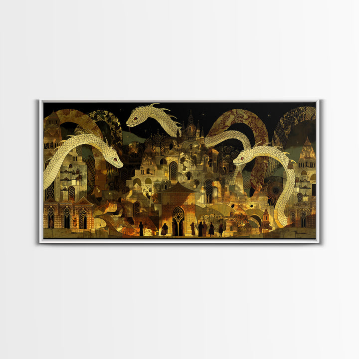Golden Serpents Over Palace City Wall Art, Mystical African Inspired Canvas Print, Black Gold Decor, Fantasy Statement Gift