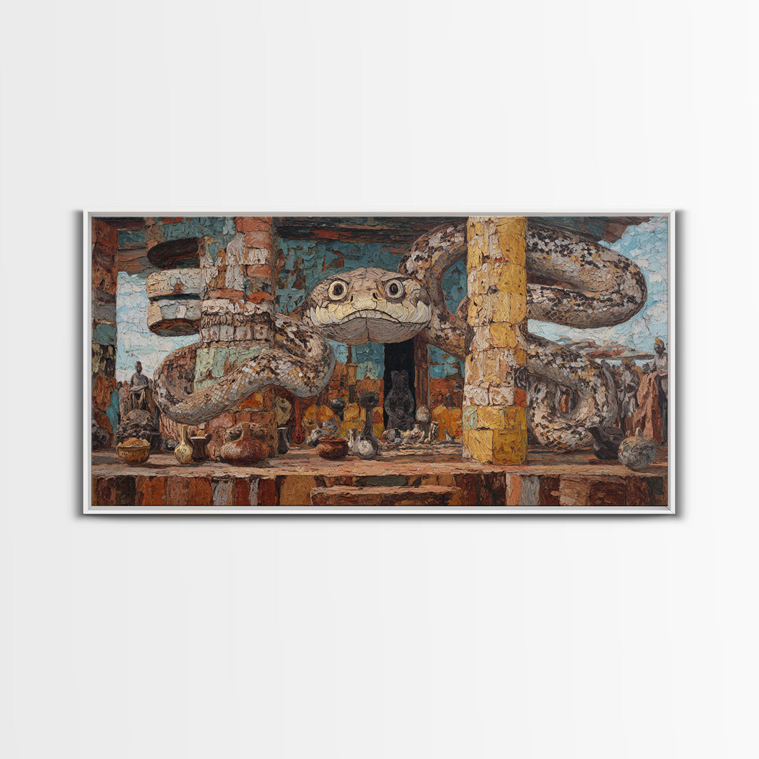 Giant Serpent Market Scene Canvas Print, African Tribal Art, Snake Sculpture Decor, Rustic Bazaar Wall Decor Gift For Living Room