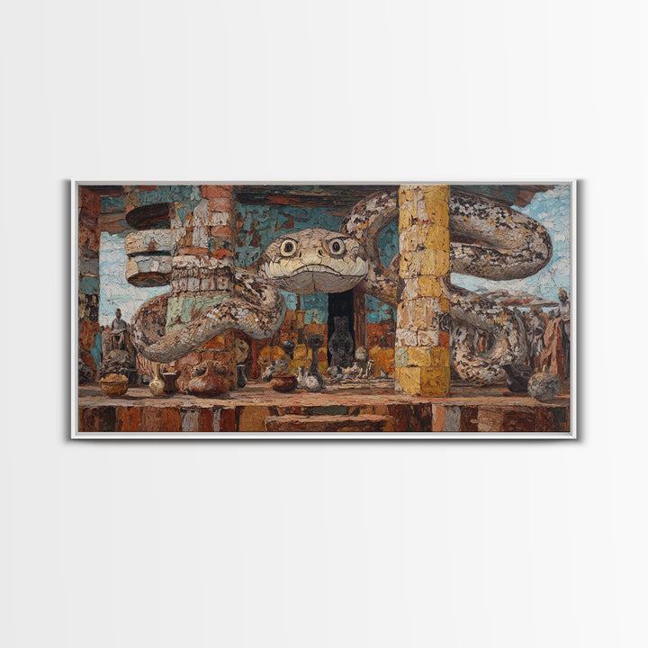 Giant Serpent Market Scene Canvas Print, African Tribal Art, Snake Sculpture Decor, Rustic Bazaar Wall Decor Gift For Living Room