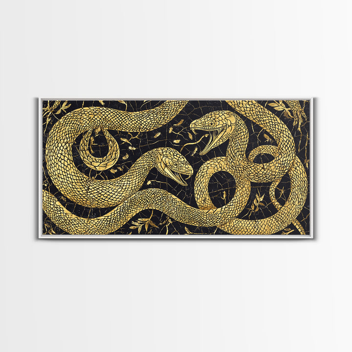Gold Serpent Botanical Canvas Print, Black And Gold Snake Wall Art, African Inspired Luxury Decor For Bedroom And Office