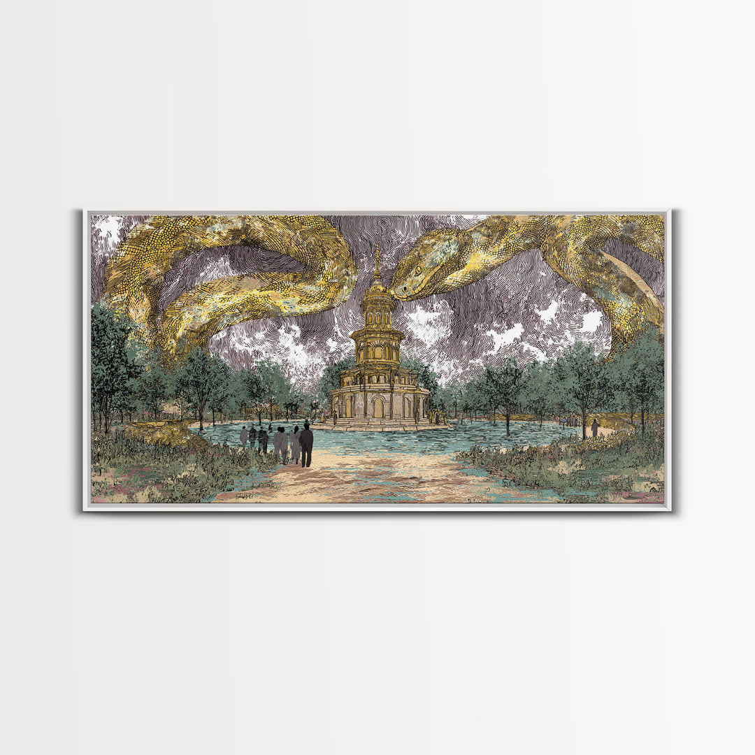 Golden Serpents Over Palace Gardens Wall Art, Surreal Botanical Landscape, Luxury Canvas Print For Elegant Home Decor Gift