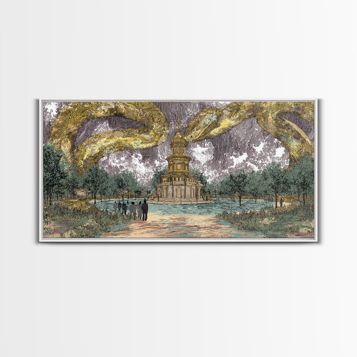 Golden Serpents Over Palace Gardens Wall Art, Surreal Botanical Landscape, Luxury Canvas Print For Elegant Home Decor Gift