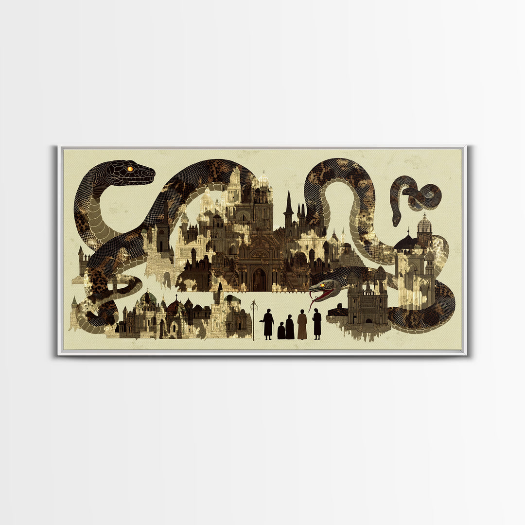 Sepia Serpent Cityscape Canvas Print, Historic Architecture Wall Art, Fantasy Snake Artwork For Study Room Decor Gift For Him