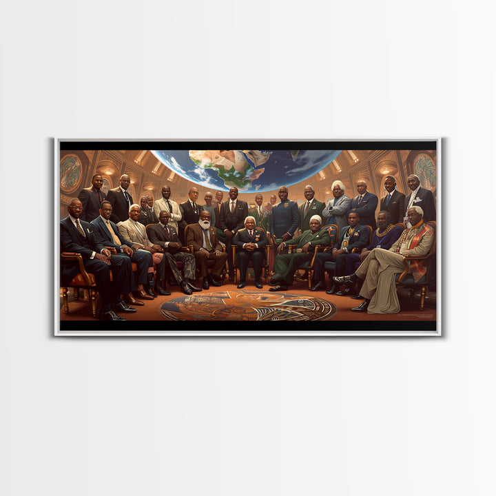 Pan African Council Under Globe Framed Canvas Print, Black Culture Wall Art, African American Leaders Office Decor Gifts
