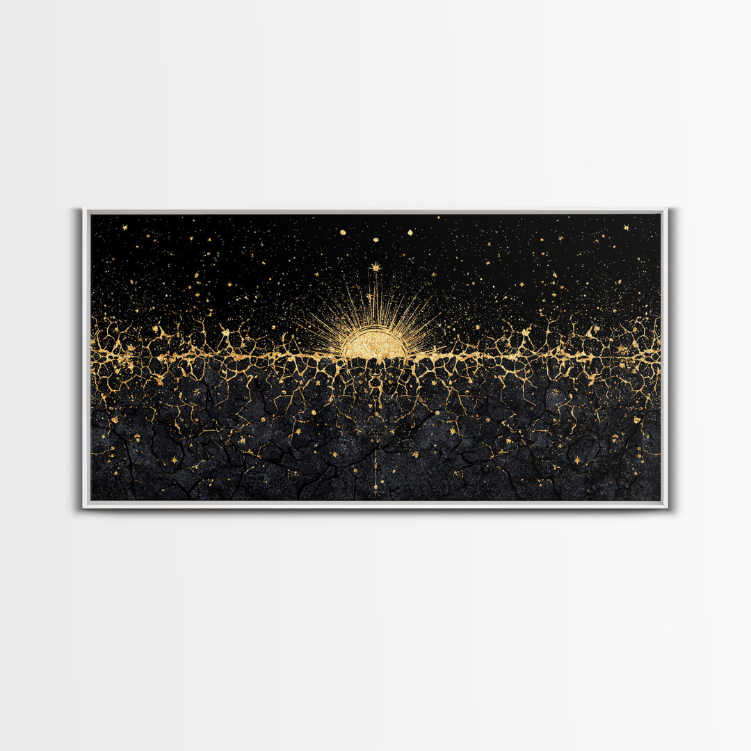 Golden Sunrise Over Ancestral Horizon Wall Art, Black And Gold Art, African Inspired, Spiritual Wall Art, Elegant Home Decor