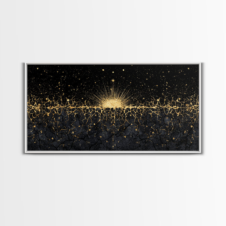 Golden Sunrise Over Ancestral Horizon Wall Art, Black And Gold Art, African Inspired, Spiritual Wall Art, Elegant Home Decor