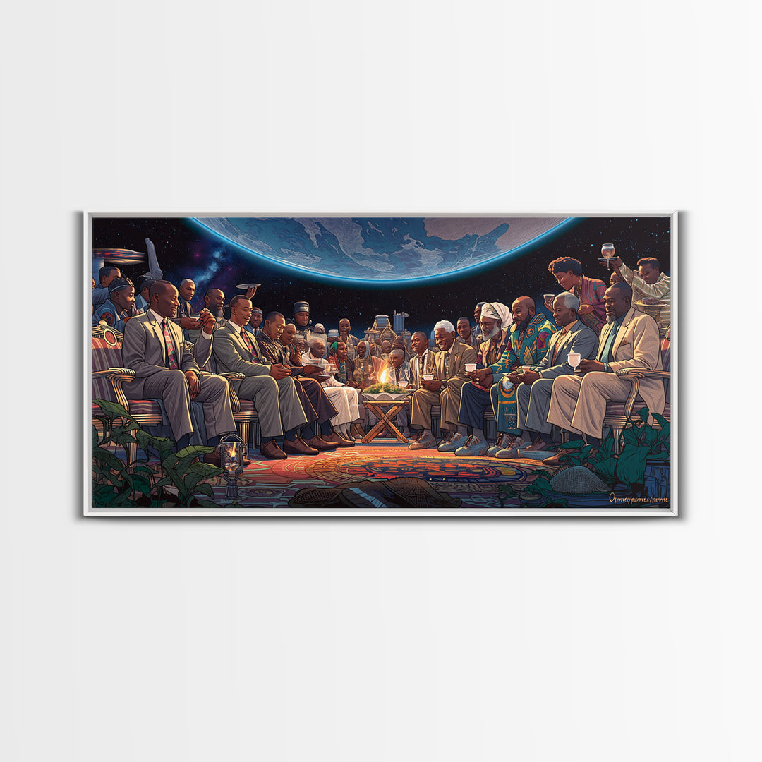 Moonlit Global Council By Fire Wall Art, African American Art, Afrocentric Decor, Black Culture Art, Unique Canvas Print Gift