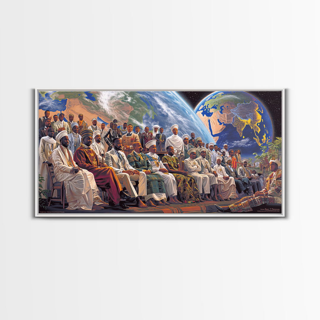 Pan African Assembly Beneath Planets Framed Canvas Print, African Wall Art, Black History Art, Afrocentric Cultural Home Decor