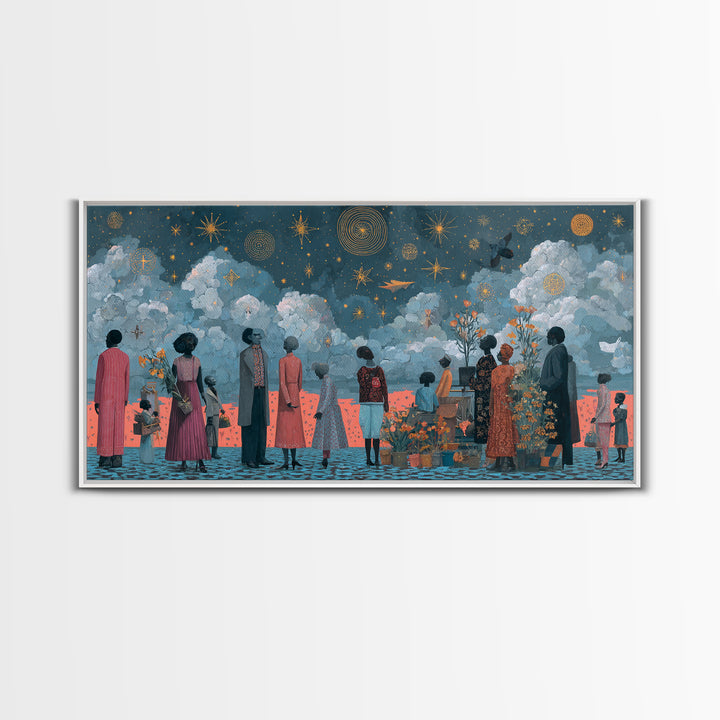 Starry Ancestral Gathering Beneath Clouded Sky Framed Canvas Print, African Wall Art, Spiritual Black Culture Decor Gift