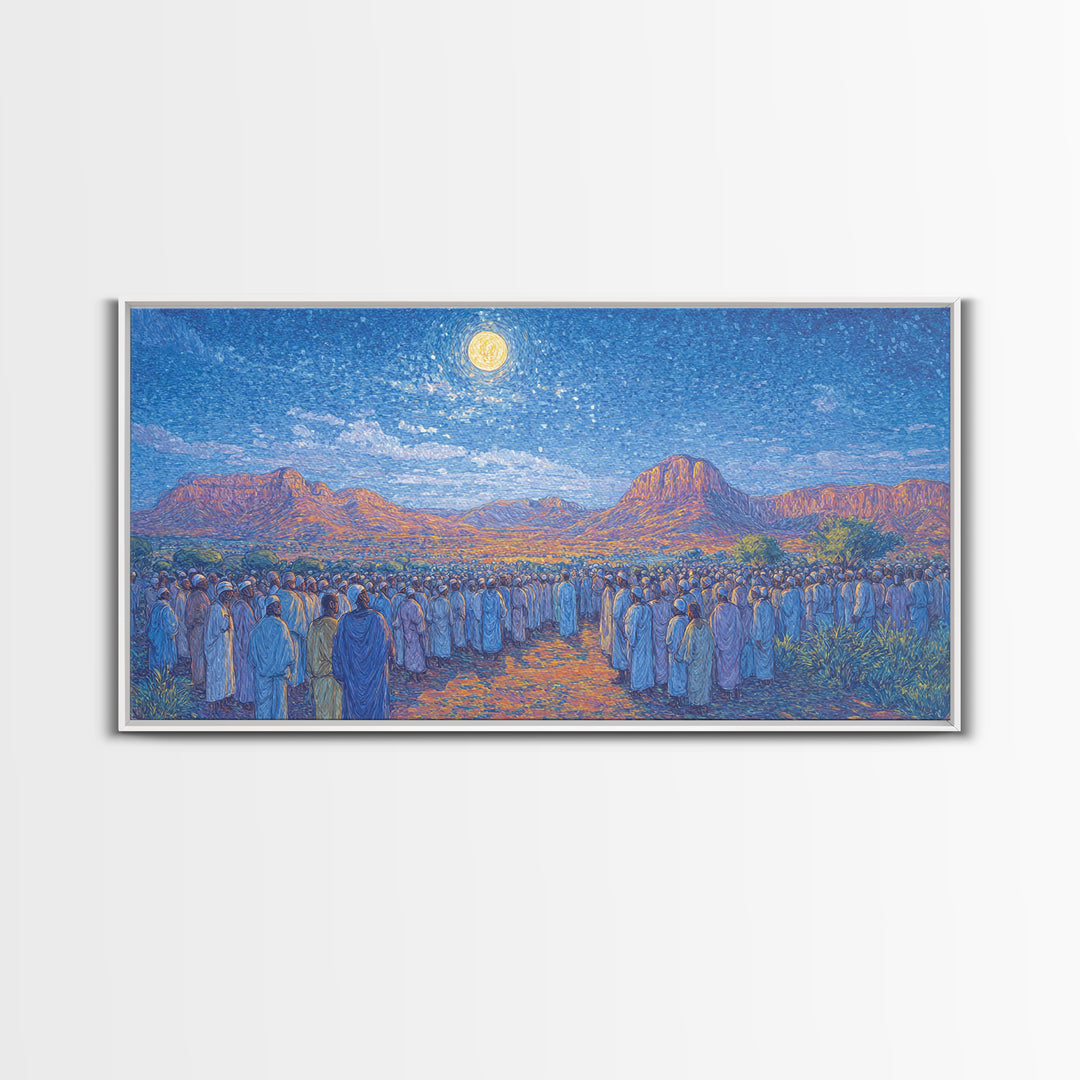 Moonlit African Desert Pilgrimage With Mountain Canvas Print, African Landscape, South African Art, Serene Living Room Decor