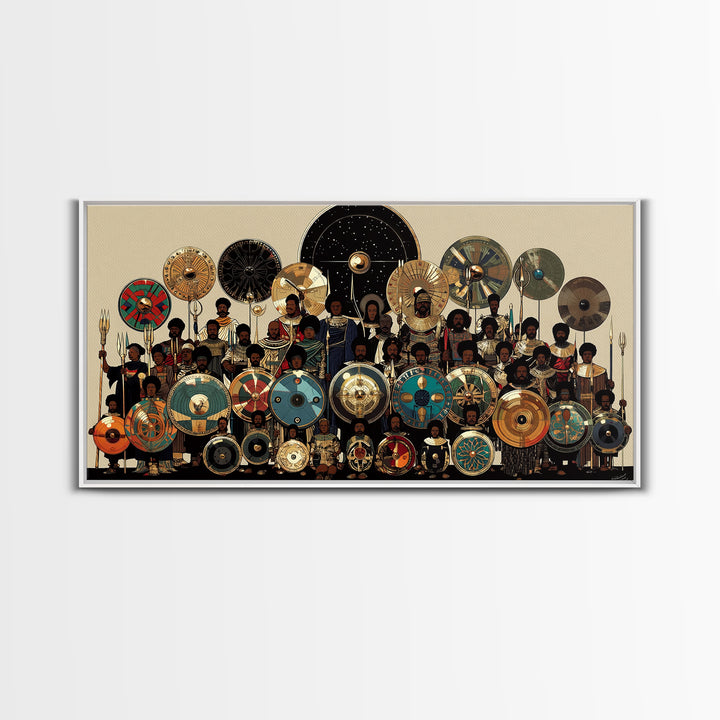 Regal African Shield Bearers With Tribal Parasols Framed Canvas Print, African Warrior Art, Black Culture Wall Decor Gift